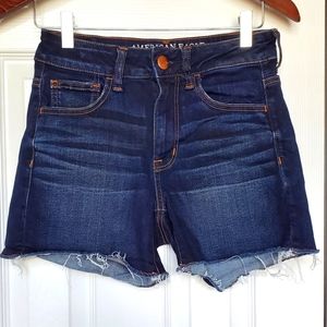 AE Super Stretch High Rise shortie blue jeans shorts